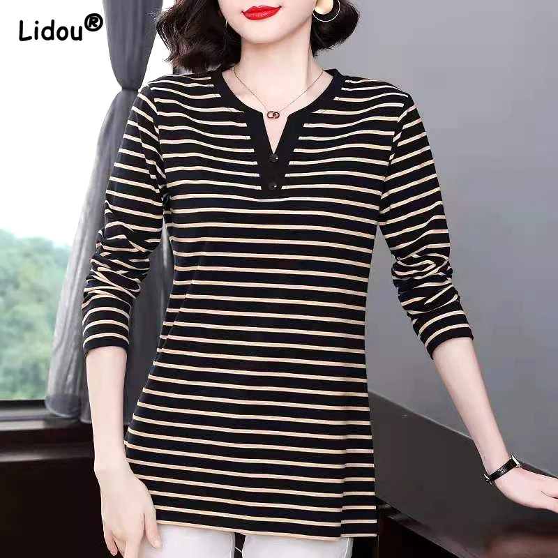 

Women's Clothing 2022 Autumn Winter Thin Long T-Shirts Plus Size Striped Fashion Casual Asymmetrical V-neck Button Comfortable