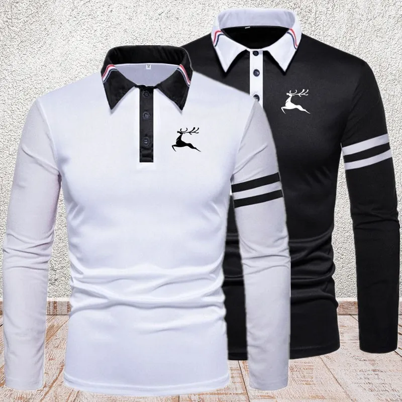 2024 New Men\'s Long sleeved Casual Slim Fit Polo Shirt Fashion Printed Long sleeved Shirt