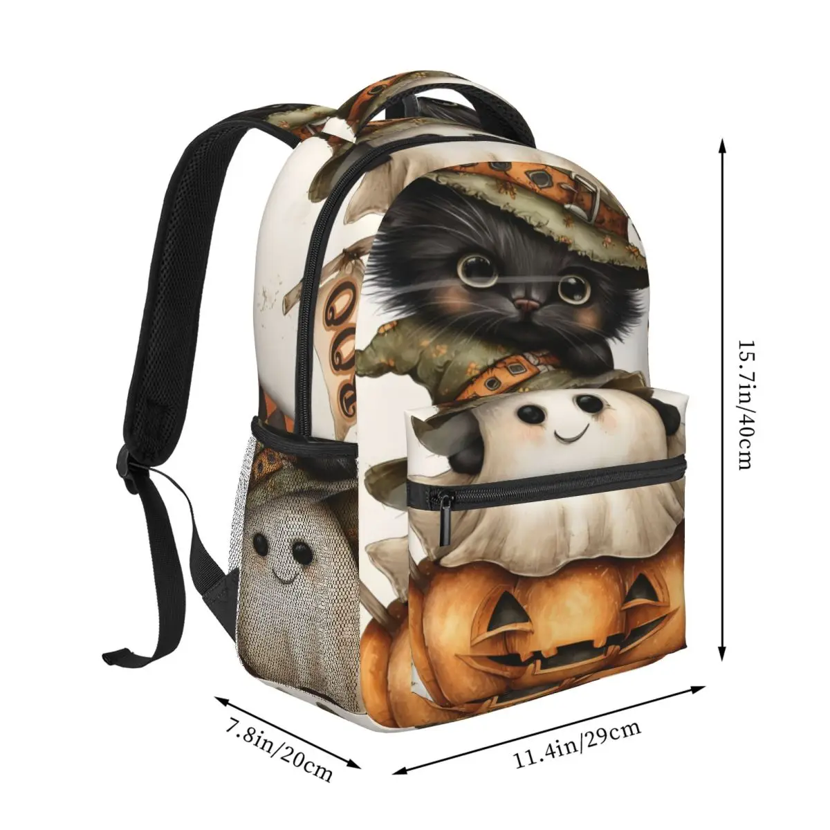School Backpack Center Witch Kitten Ghost Pumpkin Boo Whimsical Halloween Watercolor Ora Seasonal Bookbag for Teens Costume Kids