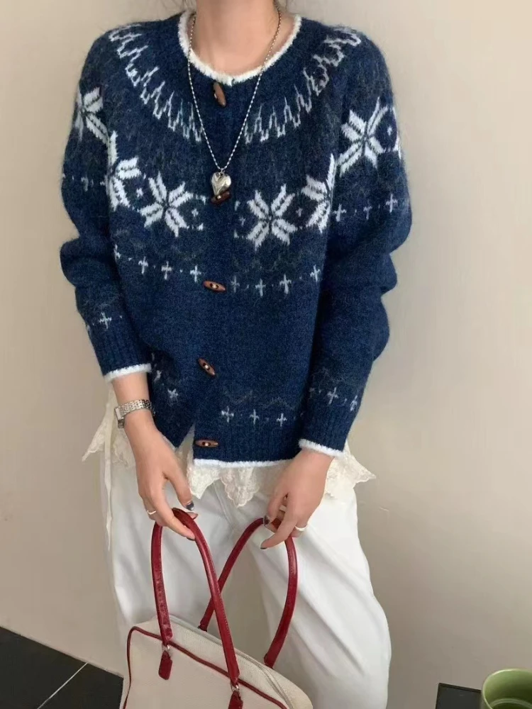 AOSSVIAO الكورية الرجعية الجاكار المرأة سترة الخريف الشتاء جديد كسول نمط فضفاض طويل الأكمام الثور القرن زر سترة مشغولة من الصوف