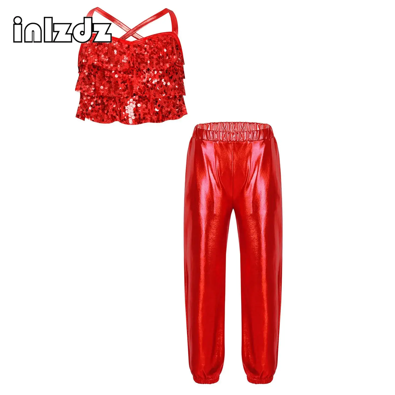 

Kids Girls Jazz Dance Set Glittery Sequins Tiered Ruffles Cross Back Metallic Crop Top with Metallic Pants Performance Costume