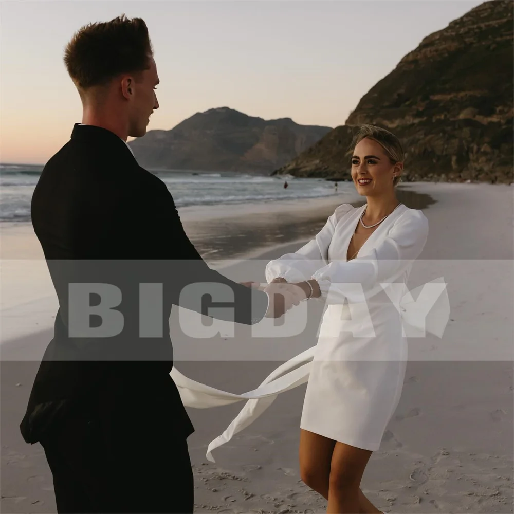 Modern Beach Short Wedding Dress Women 2025 Bow V-Neck Sheath Simple Above-Knee Pleat Bridal Gown Vestido De Noiva Customized