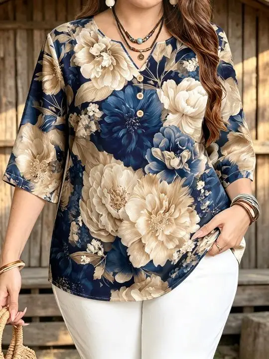 Women Vintage Large Peony Floral Print Blouse For Curvy Figures Notched Neck 3/4 Sleeve Loose Casual Ladies Tops