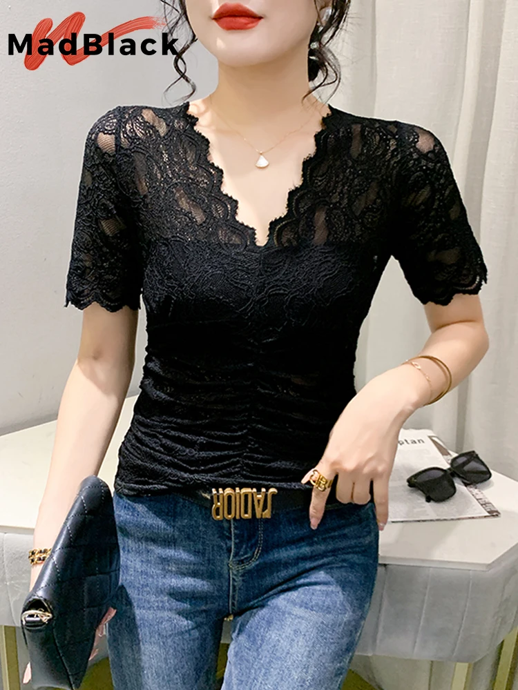 MadBlack Summer European Clothes T-Shirt Woman Sexy V Necks Full Lace Slim Tops Short Sleeve Stretchy Tees All Match NEW T34203C