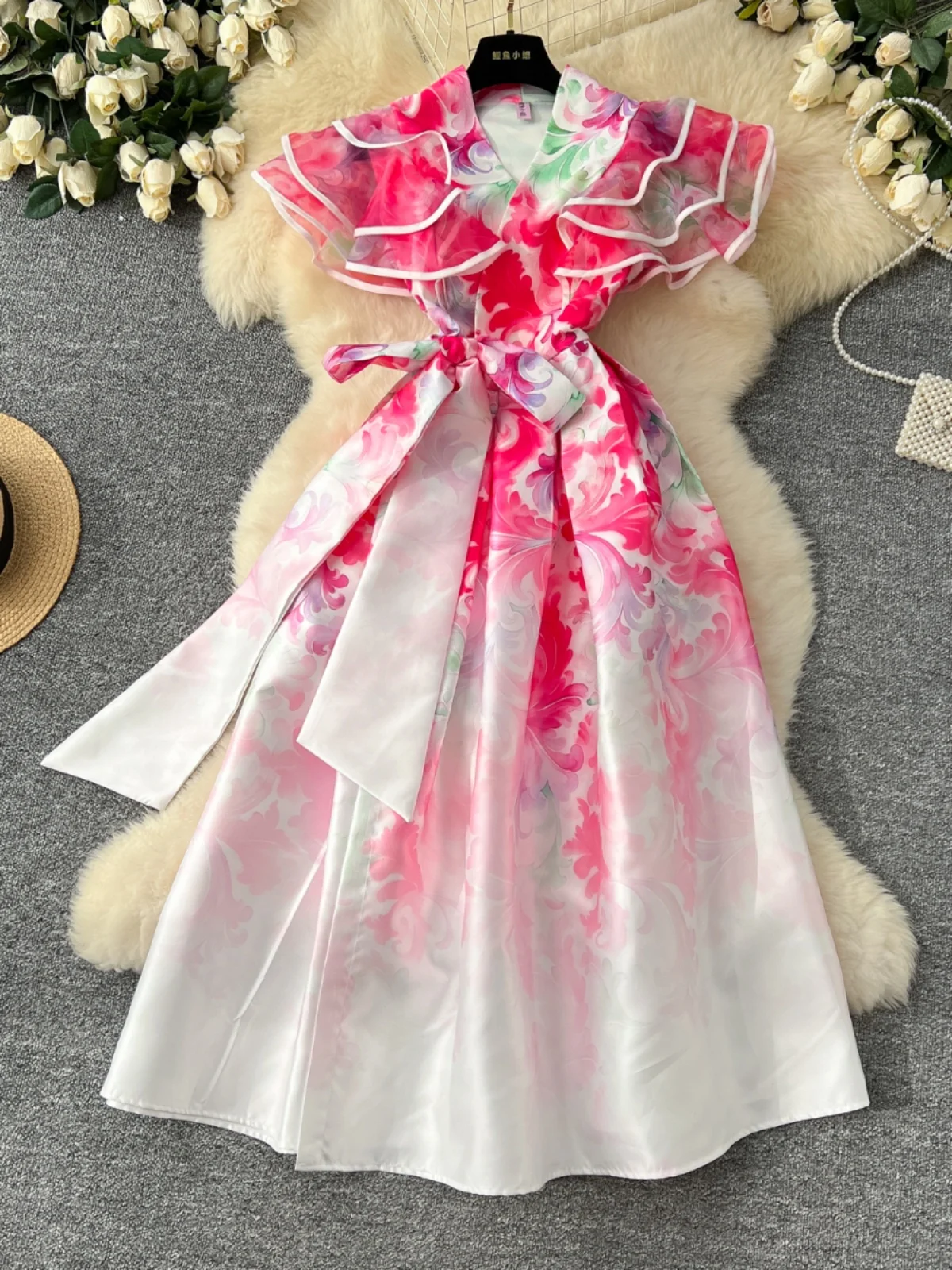 Faionable V-Ausschnitt Plissee Svel Schlankheitsdruck Maxirock Dr Court Sle Damen Hohe Taille A-Linie Dr Koreanische Version