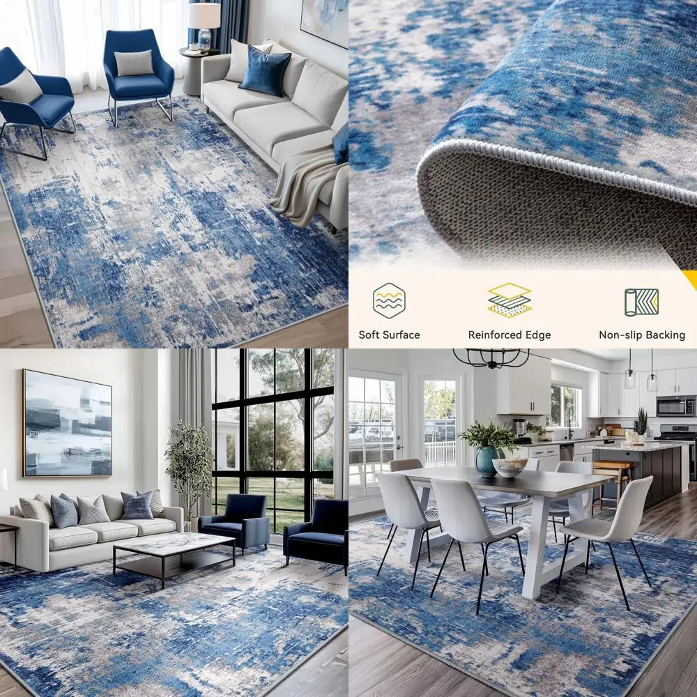 

5x7 Feet Washable Non-Slip Modern Abstract Area Rug for Living Room, Entryway, Bedroom, and Nursery - Blue, Grey, and Navy Patte