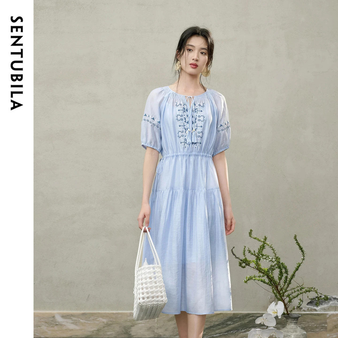 SENTUBILA Women's Boho Two-Piece Set Solid Camisole Dress Fashion Embroidery Tassel Tie Up Short Sleeve Midi Dress Set 162LI5941
