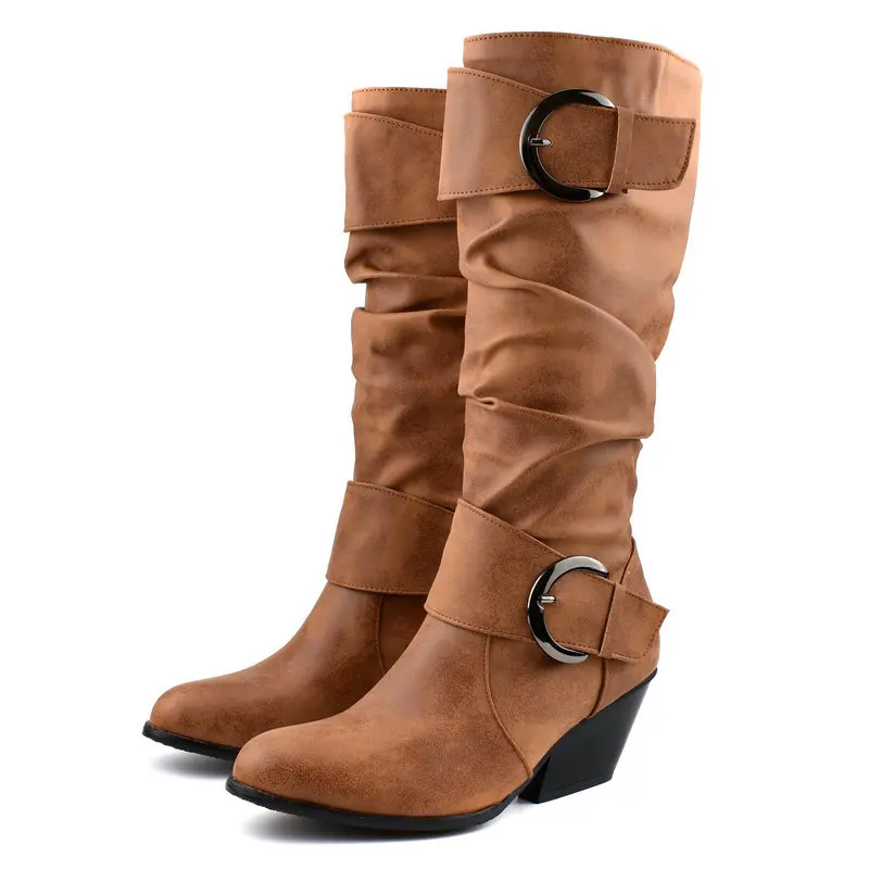 Women's Western Knee High Boots Round Toe Wedge Heel High Heels Boots with Metal Buckle Retro Style Slouchy Long Boots