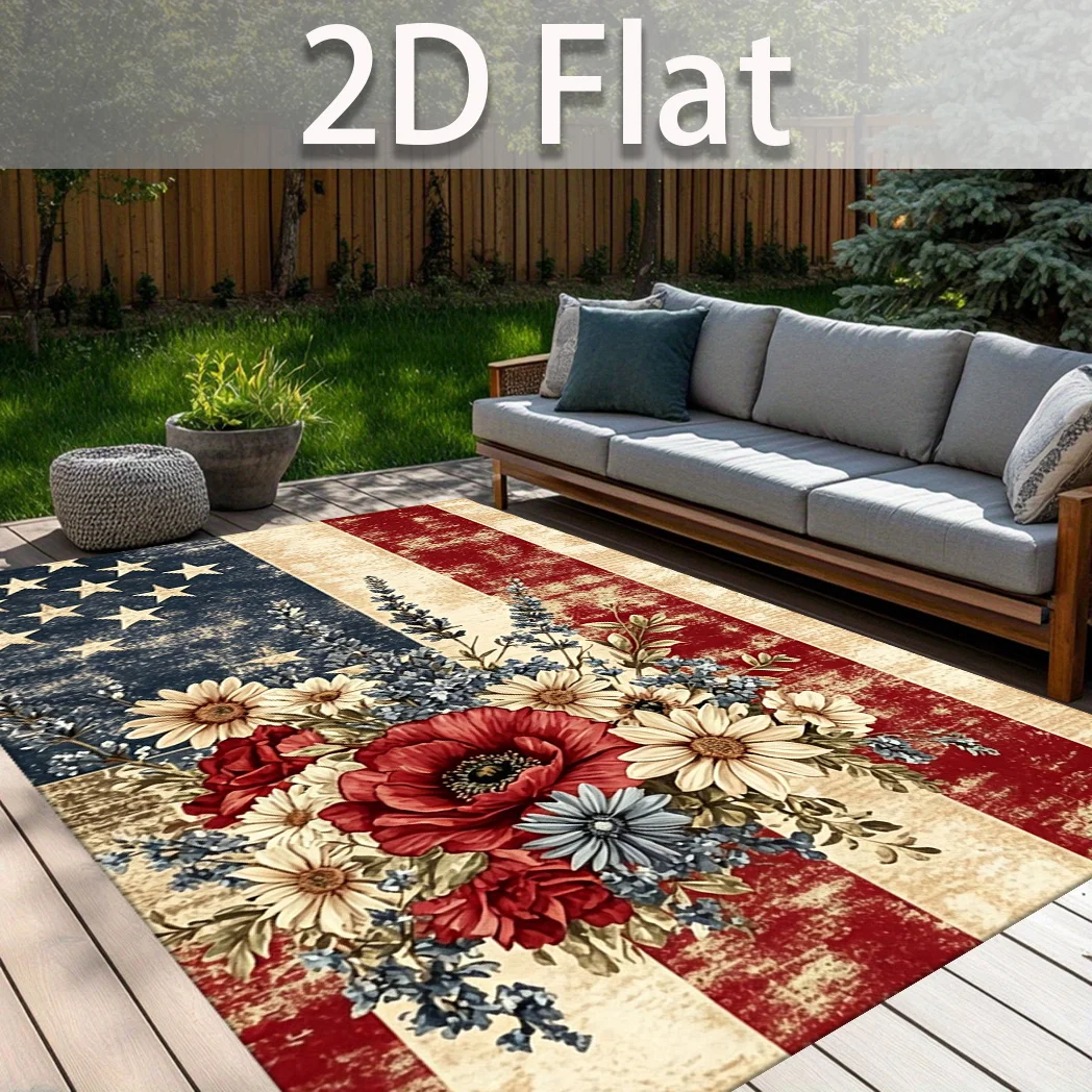 1pc 2D Flat American Flag Floral Pattern Rectangular Non‑Slip Decorative Area Rug, Independence Day Home Decor
