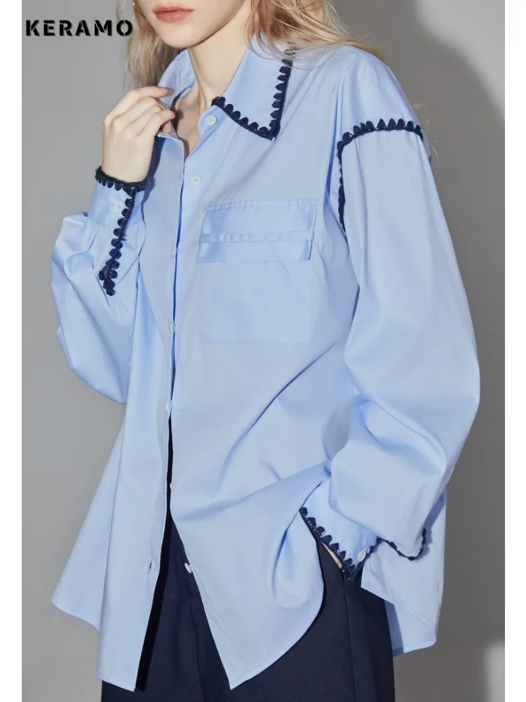 2024 Summer Lady Casual Style Turn-down Collar Blue Blouses Korean Women\'s Chic Single Breasted Loose Fit Long Sleeve Shirts