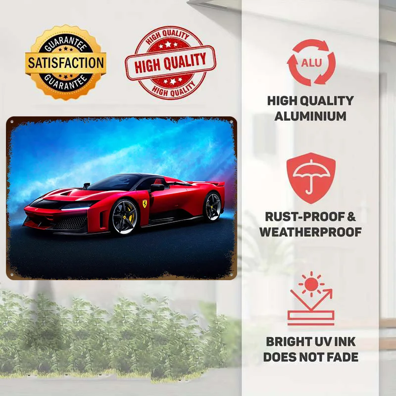 Sports Red Car Metal Poster Customized Wall Art Retro Vintage Metal Signs for Man Cave Interior Decoration Living Room Decor