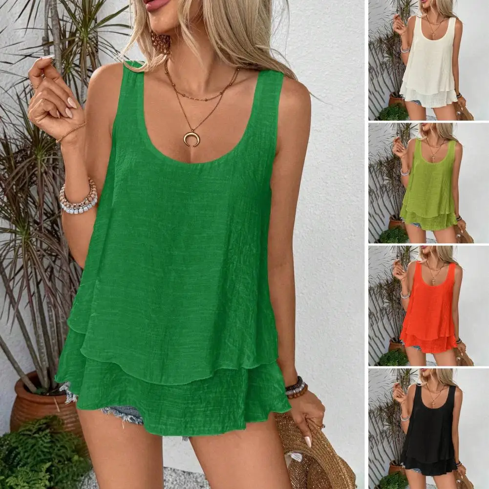 

Double Layer Cake Hem Pullover Tops Stylish Women's Double Layer Cake Hem Pullover Top for Wear O-neck Solid Color Sling Vest