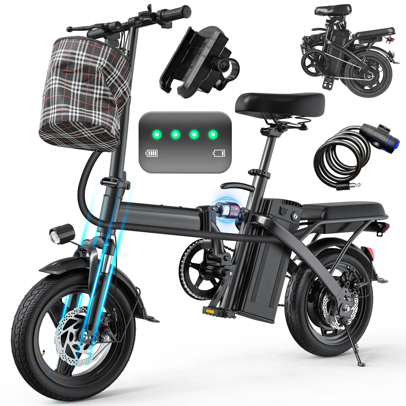 

400w Peak Motor Electric Bike Adults Folding 48V 10.4A Detachable Battery 20 MPH 14 Inch Tire Double Disc Brake Electric Bicycle