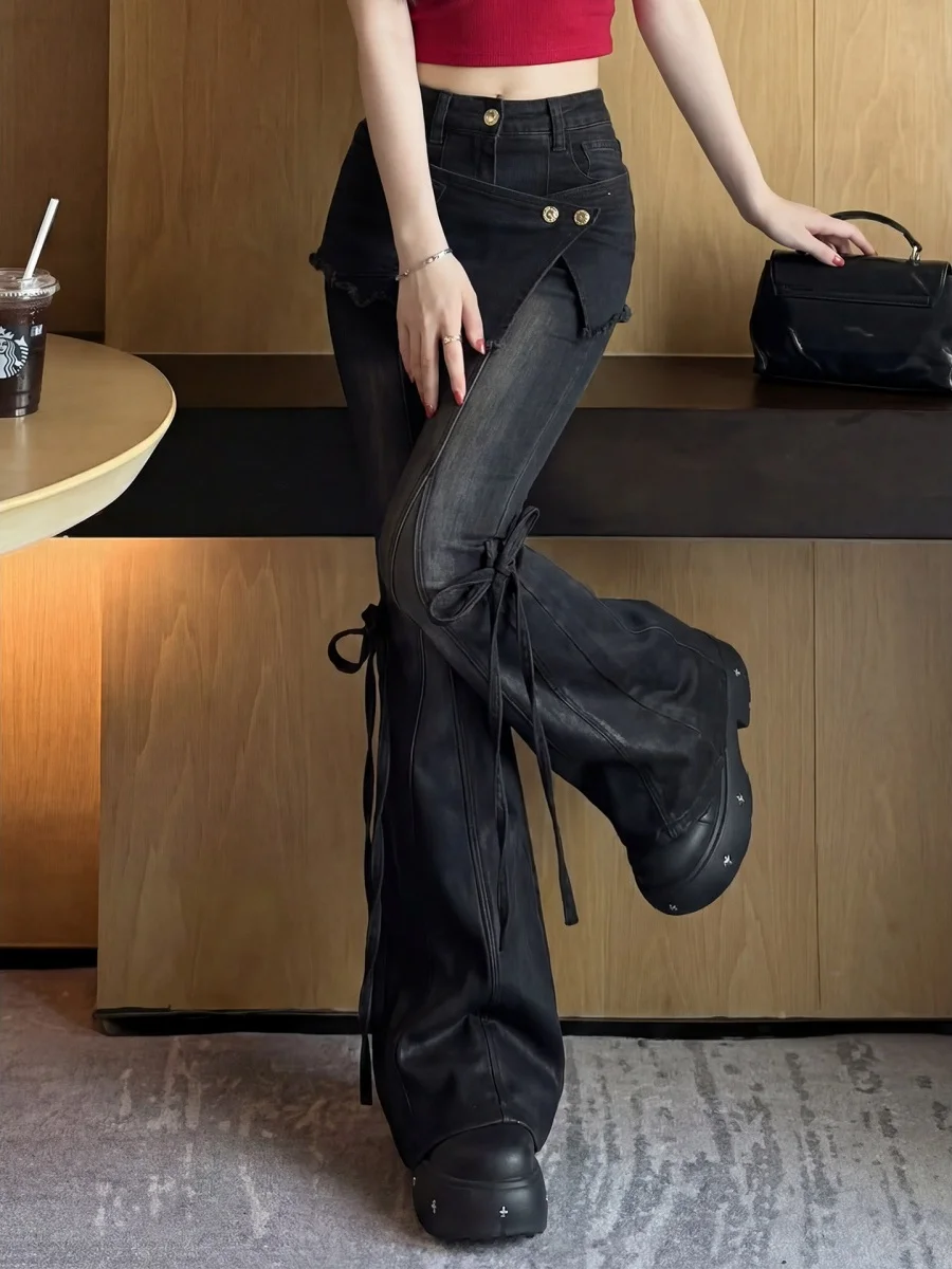 Retro American Style Women's High Waist Bell Bottom Jeans Spicy Girl Design Spring Trend Micro Flared Denim Pants Casual Wear