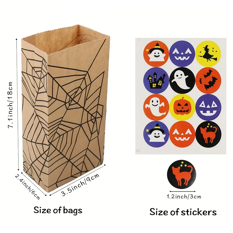 8-48pcs Halloween Theme Candy Gift Bag with Cartoon Storage Stickers Party Small Gift Storage Bag Party Kraft Goodie Bag