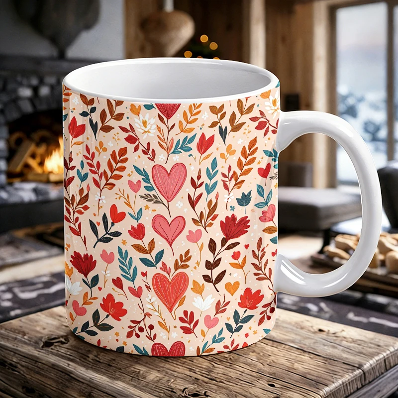 

Heart & Floral Ceramics Mug Love Themed Coffee Cup All-Over Print Warm Tone Botanical Ceramic Water Cup for Valentine's Day Gift