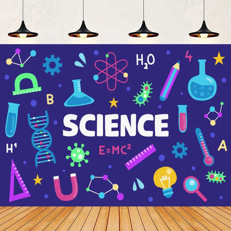 

Фон для научных развлечений для фотосъемки, мерный стакан, мерные стаканы, доска, красочные баннеры, химический аппарат, лабораторный фон, стена