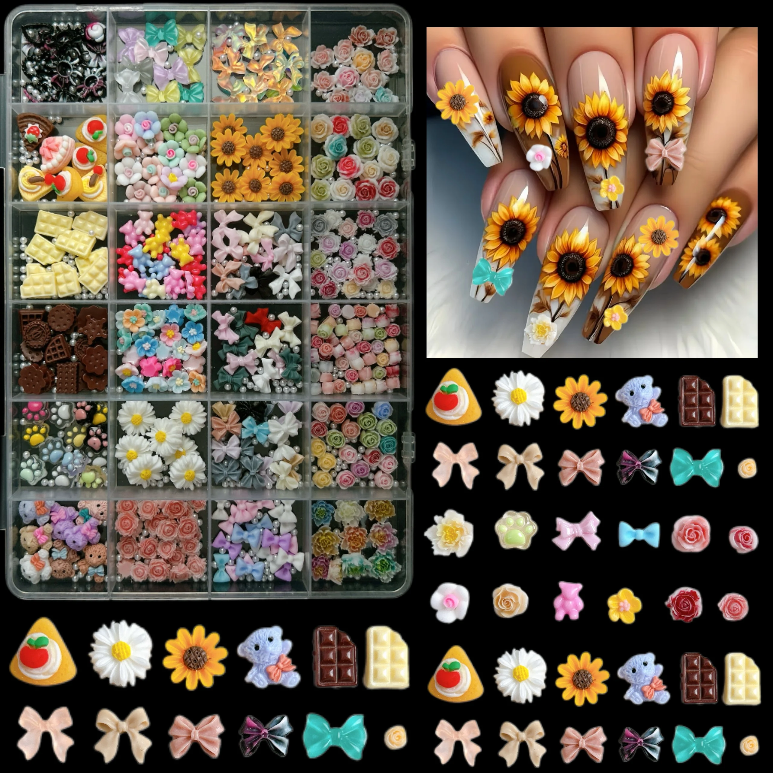 1Box Minimalist Ribbon Bow Tie Resin Nail Art Decorations 3D Colorful Flowers Simulated Sunflower Cake Nail Charms DIY Nail Sets