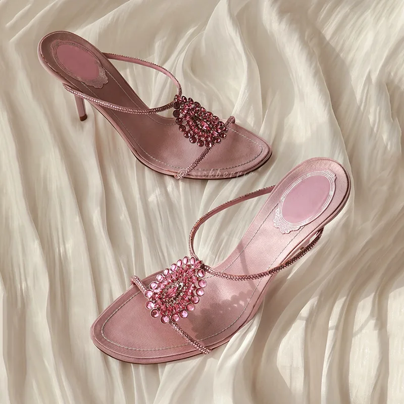 

New Summer Pink Rhinestone Gemstone Sandals, Strappy High Heels, One-strap Slippers