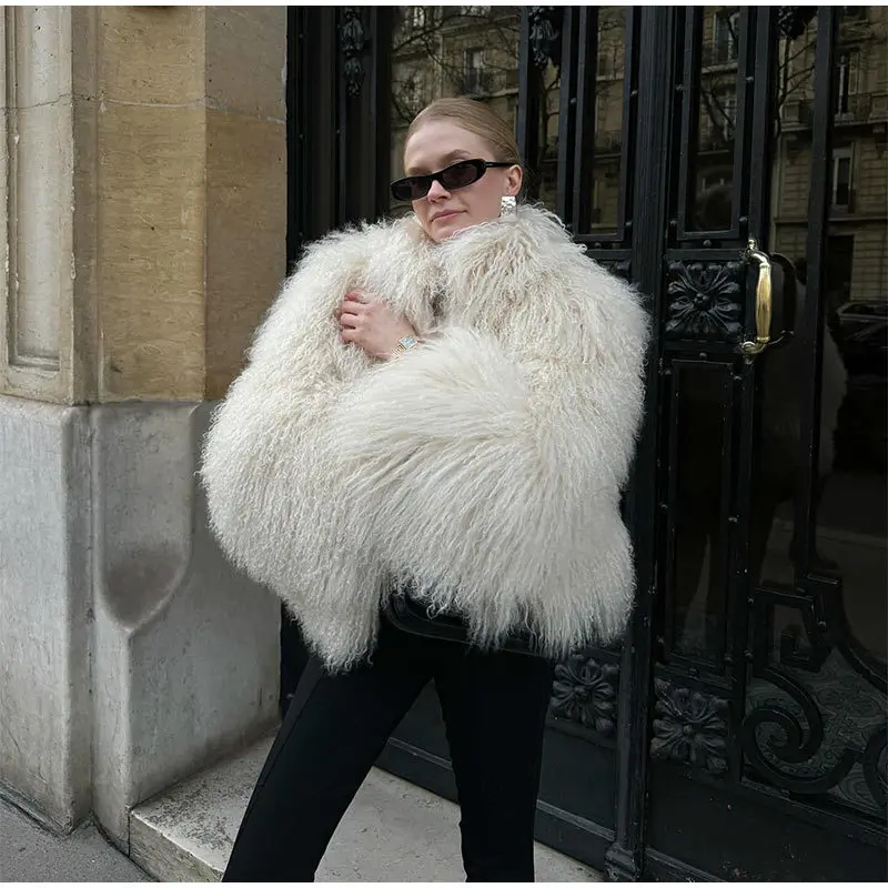 Street Girls Round Neck Faux Mongolia Sheep Fur Coat Women Winter Fluffy Warm Fur Jacket Cropped Outerwear