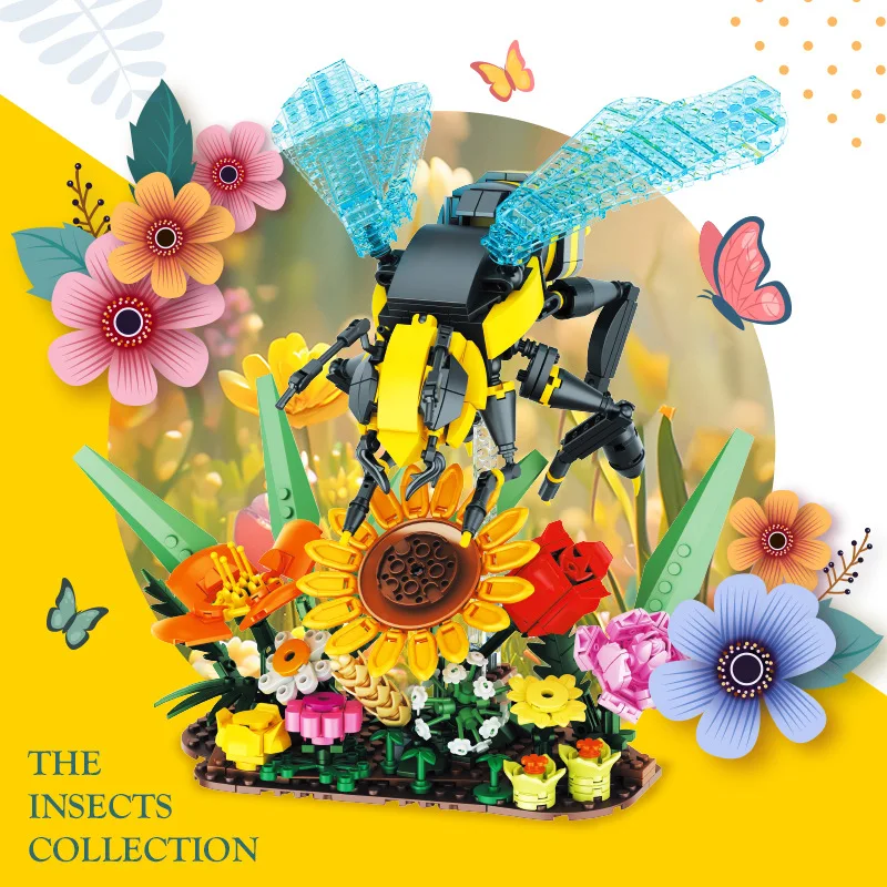 

66107 Строительный блок с цветком насекомых, украшение для рабочего стола, сборка своими руками, головоломка, модель пчелы и меда