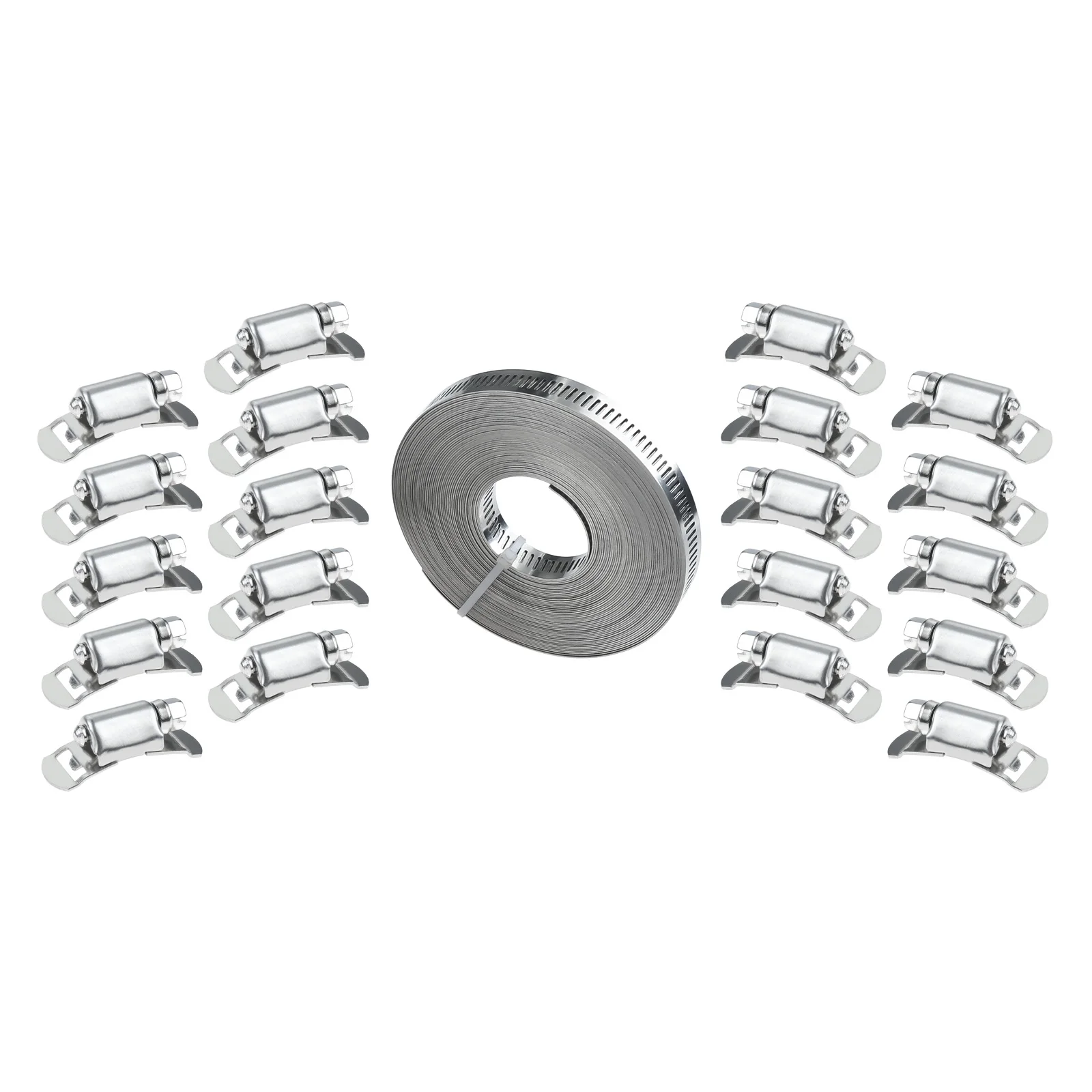 21pcs/set 33 Ft/10m Hose Clamp with Fasteners Heads Stainless Steel Adjustable Reusable No-Jamming No-Slipping for Secure Pipes