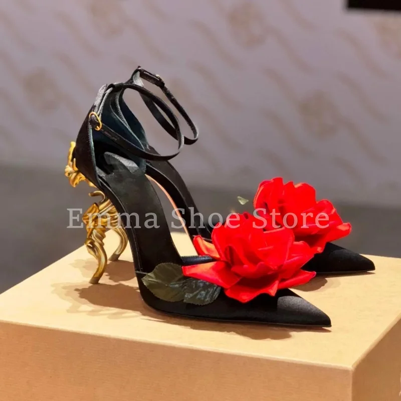 Черные атласные туфли-лодочки с острым носком и красным цветком, новинка 2025 года, пикантные женские босоножки на металлическом каблуке с пряжкой на щиколотке, элегантные свадебные модельные туфли
