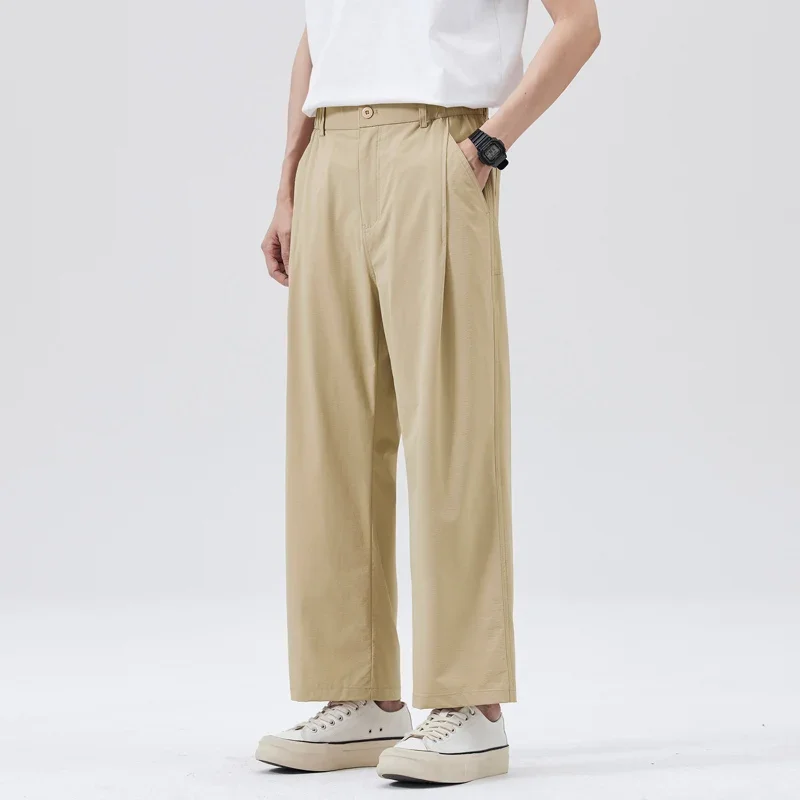 Man Straight Baggy Pants Trousers Men Lightweight Plus Size Elastic Waist Wide Leg Loose Casual Ankle-length Pant Short