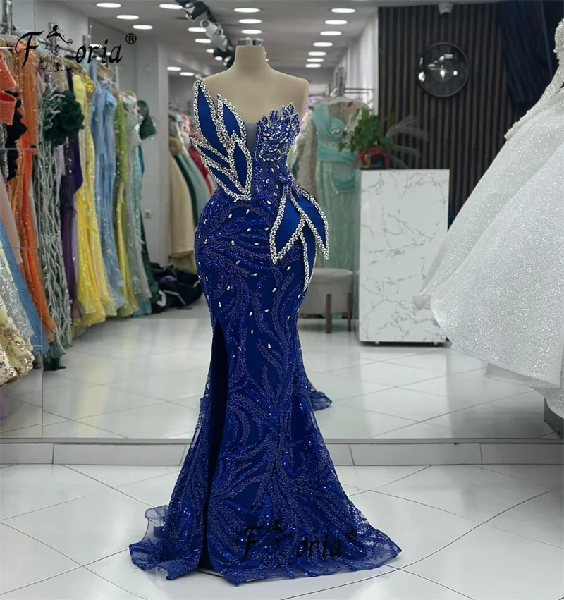 Glamour Royal Blue Mermaid Party Dress with Silver Crystal 3D Leaves Dubai Woman Evening Dress vestidos de ocasión formales 2024