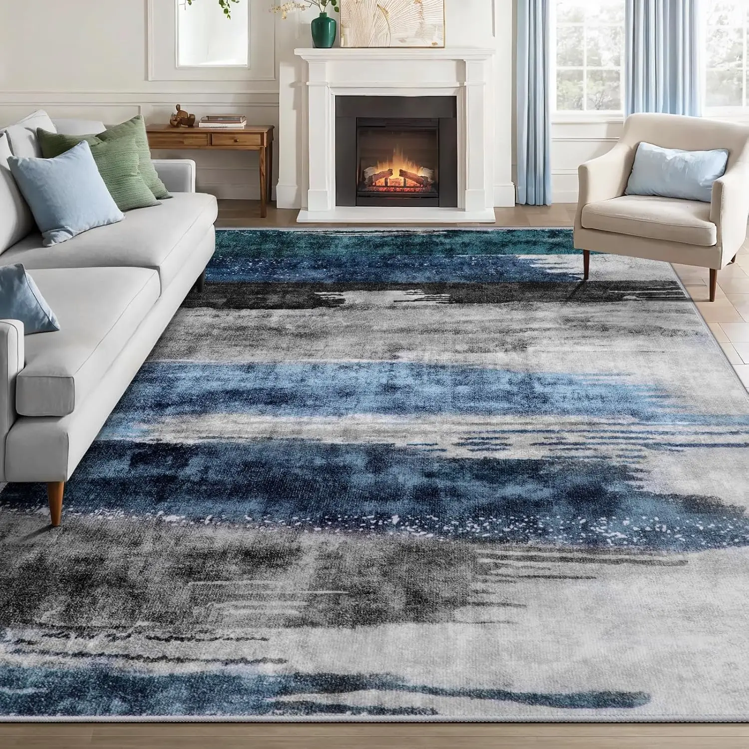 

Modern Abstract Area Rug 5x7 Navy Grey, Machine Washable Non-Slip Low-Pile for Living Room Bedroom Office