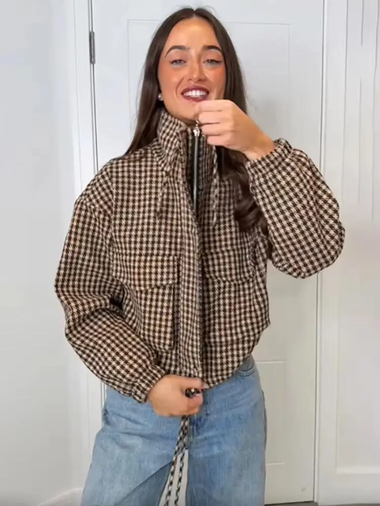 Karierte Jacke mit Kordelzug am Bund und Reißverschluss für Damen, lässiger, lockerer Mantel mit Kapuze und langen Ärmeln, Herbst 2026, Pendler- und Streetwear, rote Jacken und Mäntel – Detail 8