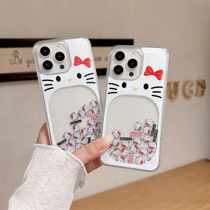 

Sliding Block White Glitter Hello Kitty Bow Phone Case for IPhone 17 Pro 15 16 13 14 12 Pro Max Protection Cover Cute Cartoon