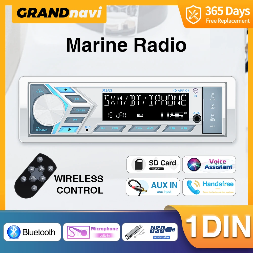 1Din Marine Stereo MP3 Receiver Bluetooth Boat Radio Digital LCD Display AM FM SD AUX Audio For Yacht Gauge ATV UTV RV Golf Cart