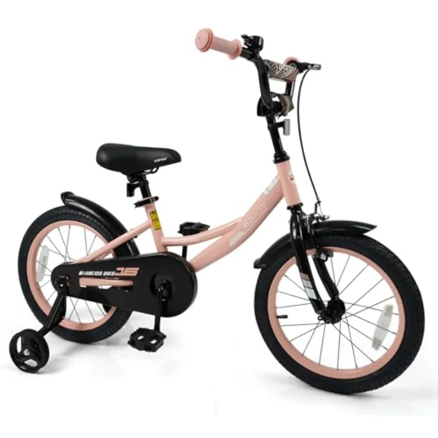 

16-дюймовый велосипед для детей 3-8 лет со съемными тренировочными колесами, двойными тормозами, регулируемым сиденьем и высотой руля, розовый велосипед для