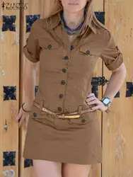 ZANZEA Fashion Cargo Dresses Women Summer Short Sleeve Button Up Mini Dress Daily Casual Work Wear Commute Vestidos Short Robes