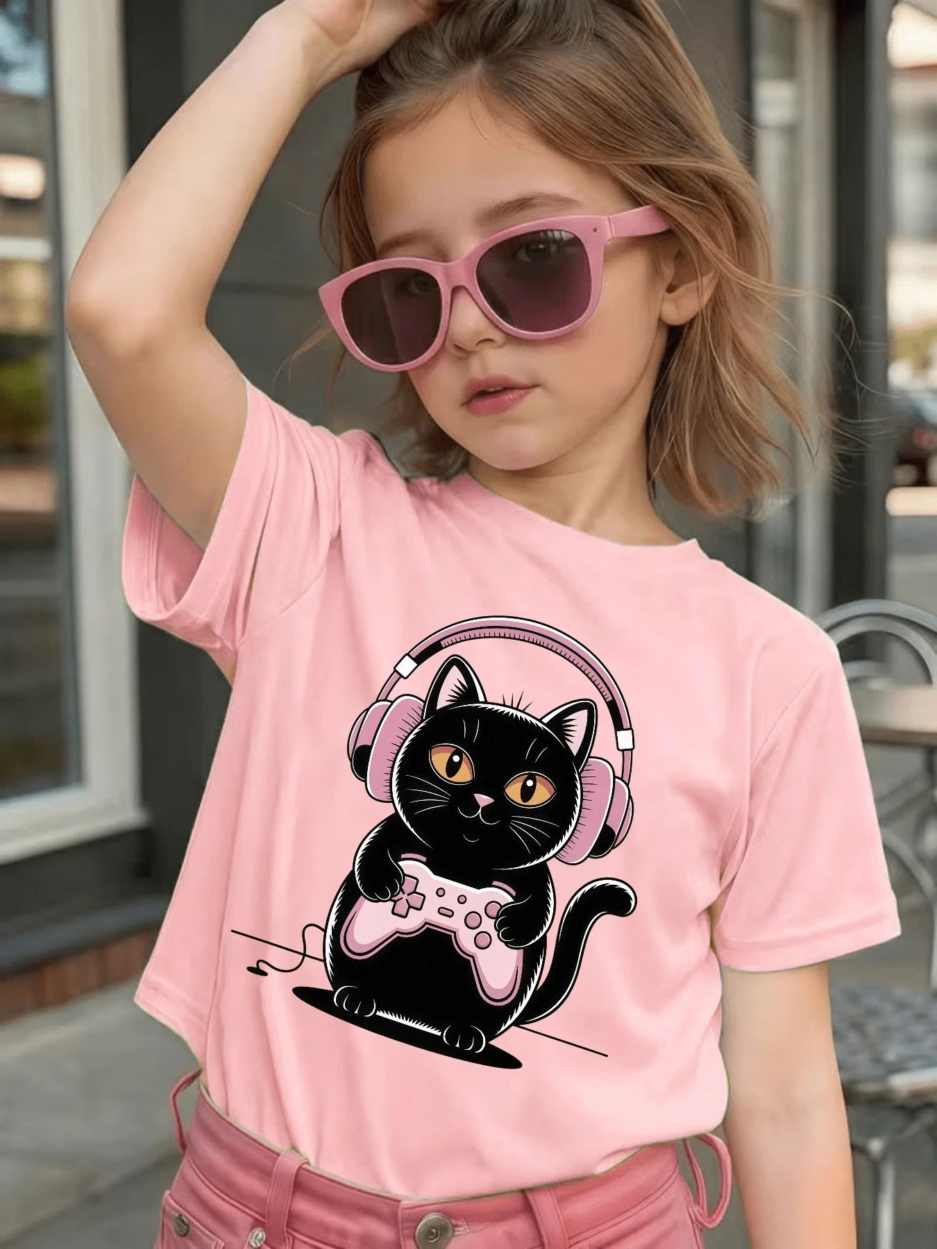 Cute Black Cat Game Controller Cartoon Graphic Kids Tee Boys Girls Family Matching Cotton Crew Neck Short Sleeve Soft Summer Tee