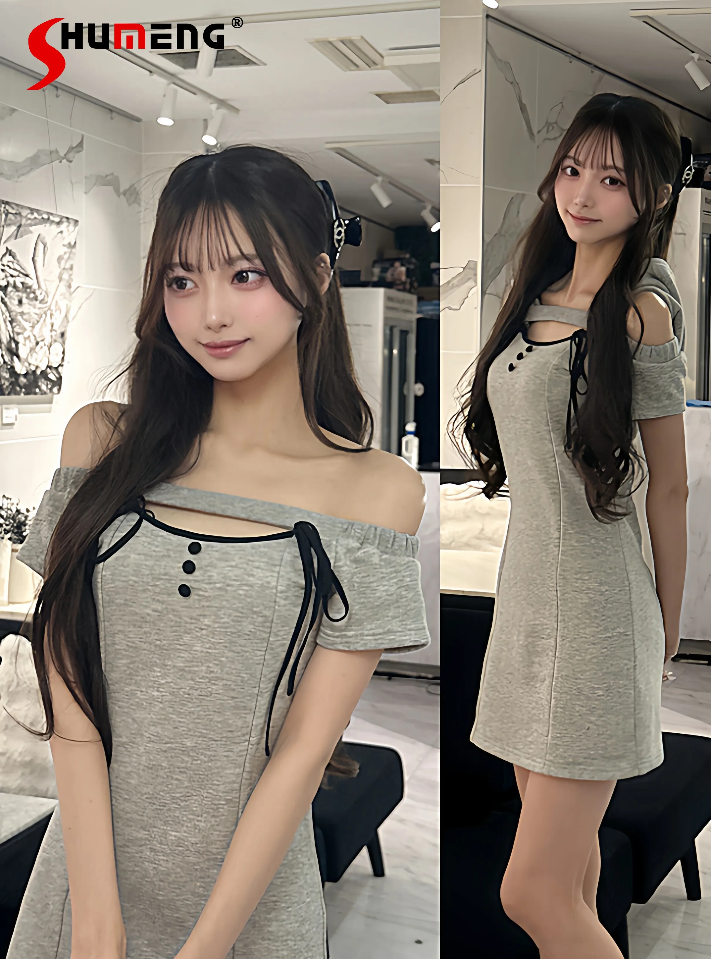 

GRL Japanese Elegant Sweet Lace-Up Bow Off-Shoulder Short Sleeve Detachable Hooded Versatile Sports Casual Short Dress For Women