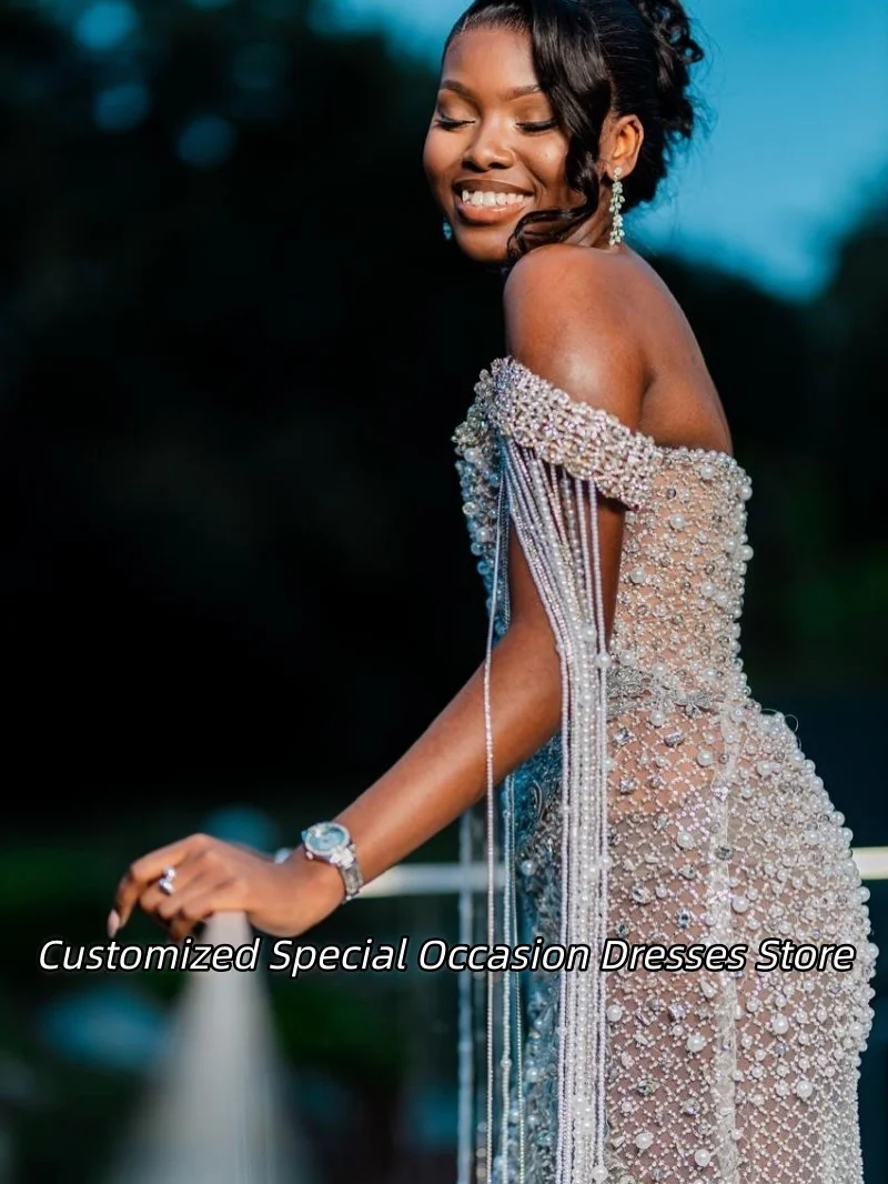 Nigerian Off The Shoulder Beaded Applique Evening Dresses With Luxury Tassel Nigerian Prom Dress Wedding Party Gowns Customized