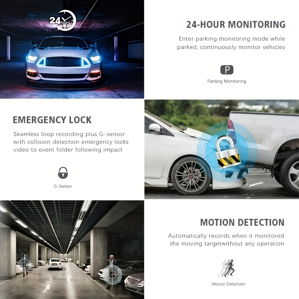1080P Dashcam met dubbele lens, 720P achteruitkijkspiegel, lusopname, 24-uurs parkeerbewaking met G-sensor/bewegingsdetectie Optioneel 64 GB
