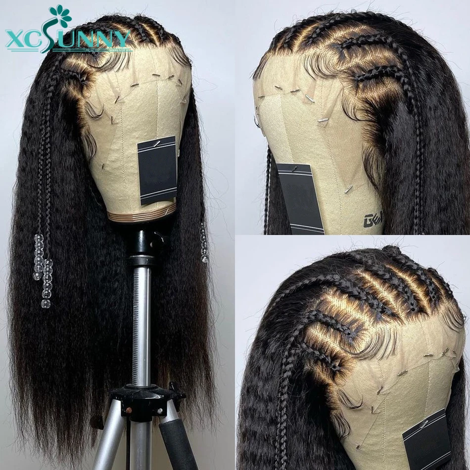 Kinky Straight Full Lace Human Hair Wig Transparent 360 Lace Frontal Wig Ponytail Braid13x6 Lace Front Wig 150 Density