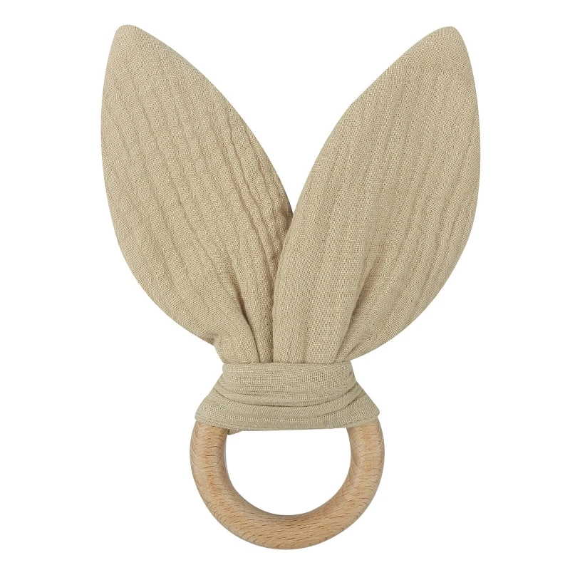 Wooden Baby Teether Cotton Cloth Rabbit Ear Teething Ring Rodent Rattle Toy for Newborn Boys Girls Appease Chewing Gift P31B