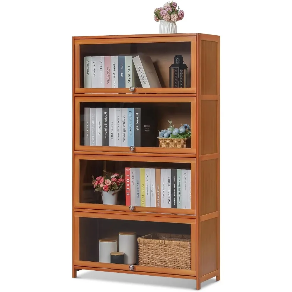 

Bamboo 4-Tier Display Case Bookcase with Clear Acrylic Flip-Up Doors, Wide Brown Kitchen Cabinet Storage Pantry Cabinet Showcase