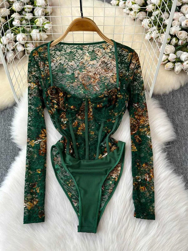 Macacões de renda verde feminino vintage magro playsuits harajuku manga longa gola quadrada exótico sexy macacão coquette roupas