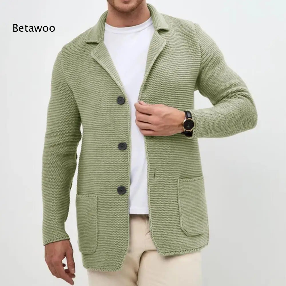 Men Button Front Lapel Collar Knit Sweater Cardigan Long Sleeve Relaxed Fit Coat Side Pockets For Outdoor And Daily Going Out