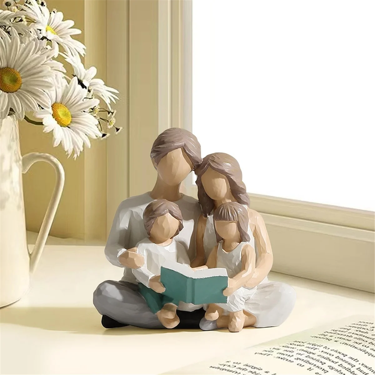 Family of 4 Reading Book Figurines, Hand-Painted Figures Gifts for Parents or Daughter and Son, Home Decoration
