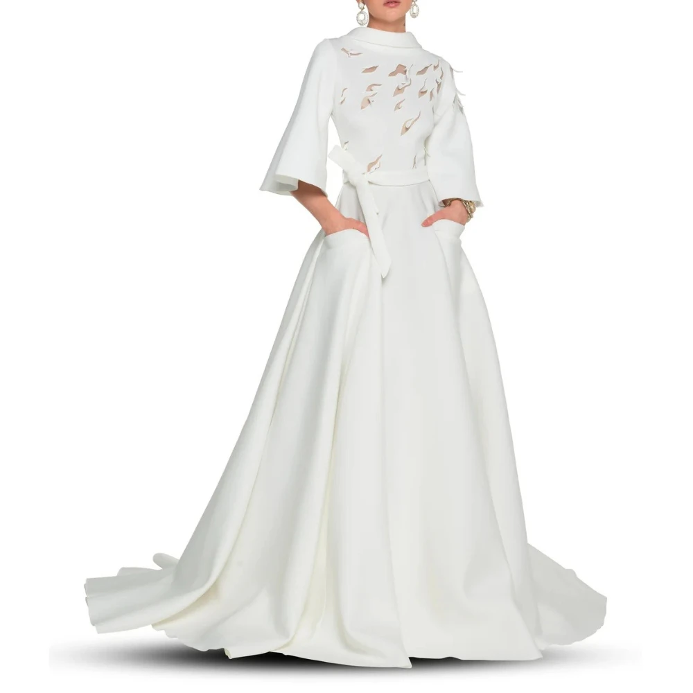 

Индивидуальные высококачественные простые белые атласные элегантные вечерние платья в пол с круглым вырезом и А-образным силуэтом для торжественных мероприятий