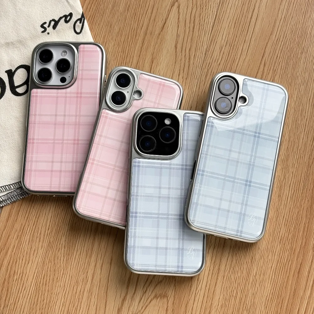 Korean Simple Pink Blue Plaid Grid Lines Phone Case for iPho