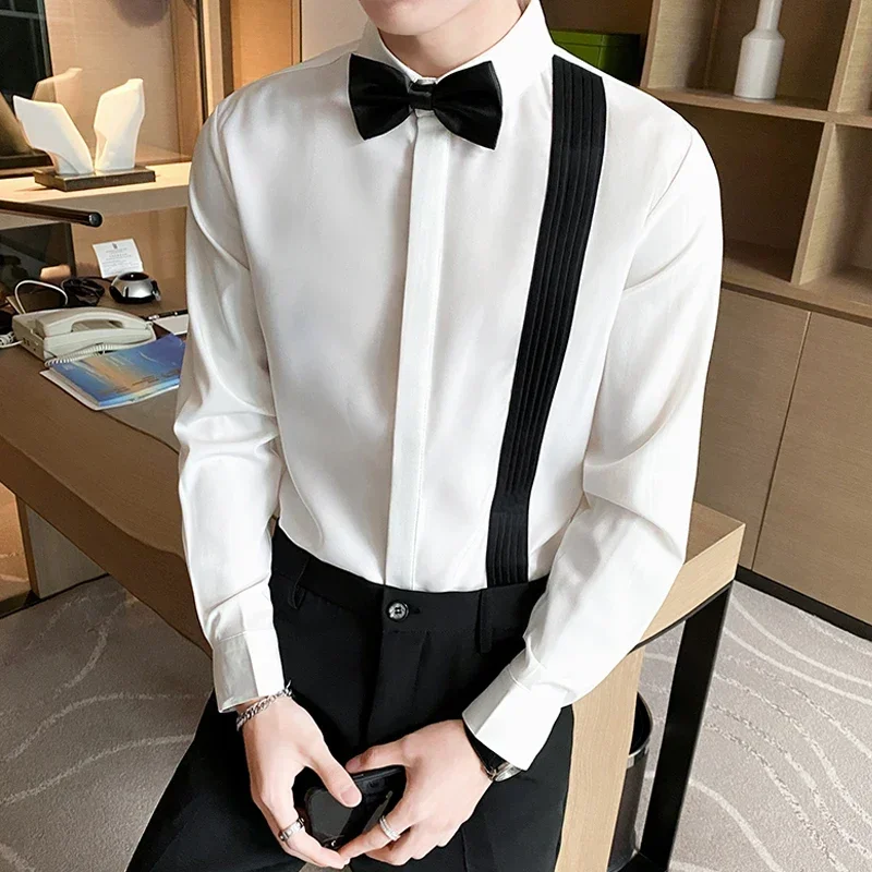 5XL-M Long Sleeved Tuxedo Shirt Men Black White Patchwork Business Casual Mens Dress Shirts Bow Tie Social Blouses Man Plus Size