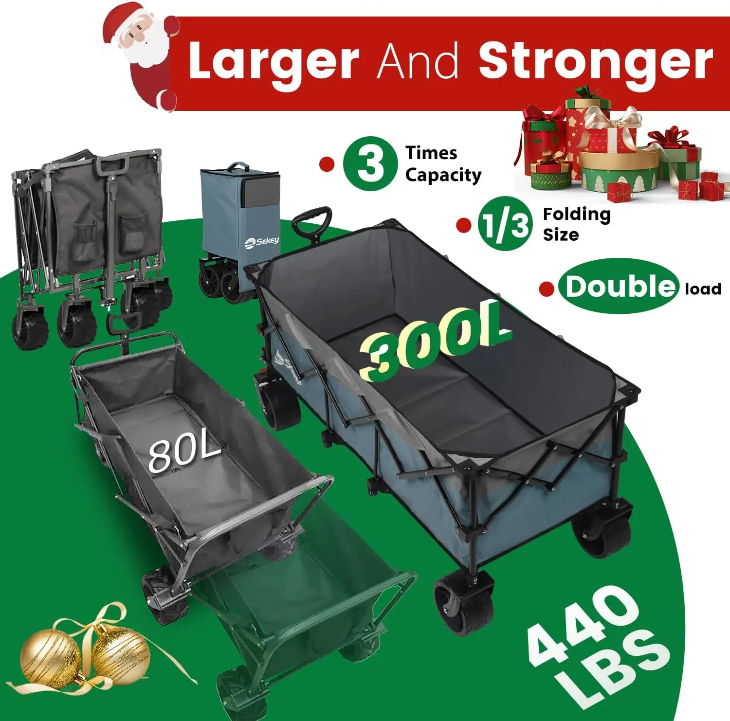 48''L Collapsible Foldable Extended Wagon with 440lbs Weight Capacity, Heavy Duty 300L Folding Utility Garden Cart