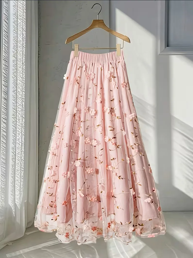 Amazon Foreign Trade Women's Elegant Vacation Lace Floral Embroidered A- Line Dress Pink with White Flower Pattern